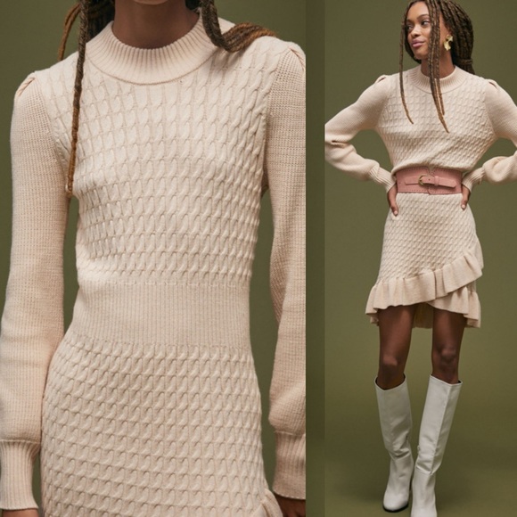 Anthropologie X Flat White Ruffled Mini Sweater Dress Cable Knit Ivory Cream - Picture 7 of 15